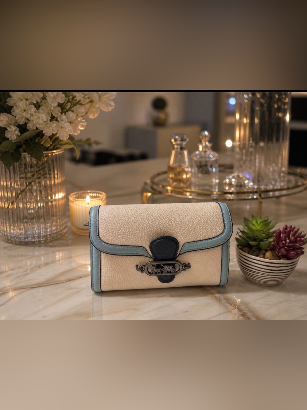 Cream and Light Blue Leather Crossbody Bag with Chain Strap